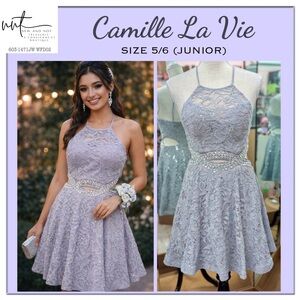 Camille La Vie Lavender Lace Dress Rhinestone Waist Cutout Back Size 5/6 Junior